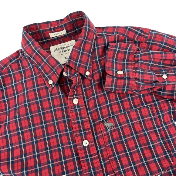 Vintage Y2K Abercrombie & Fitch Button Down Shirt Size XL Muscle Fit Red Plaid - Picture 1 of 7